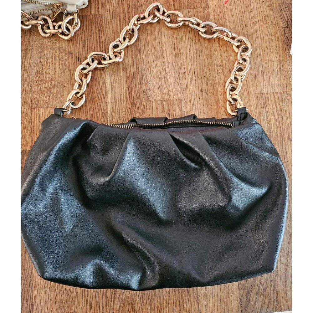 Blk Ruched Clutch Or Shoulder Bag Cloud Dumpling Bag for Women VEGAN Gold Chain